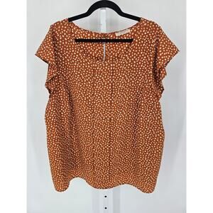 Poema Womens Sz XLL Short Flutter Sleeve Blouse Brown Cream Dot Print